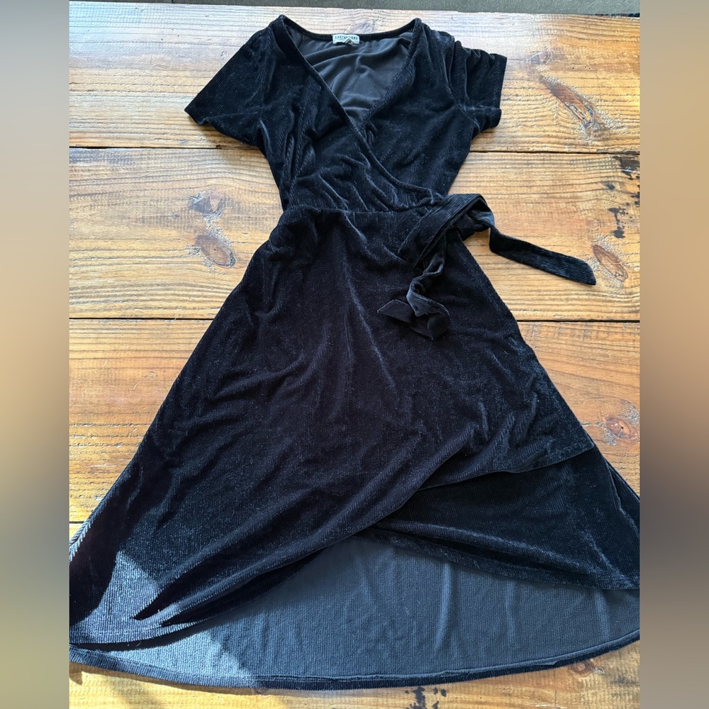 Earthbound Black Velvet Faux Wrap Asymmetrical Midi Dress Size Small